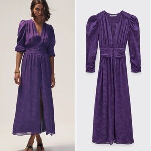 ZARA JACQUARD PLEATED MIDI DRESS PUFF SLEEVE PURPLE